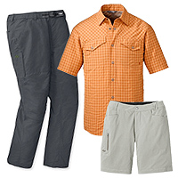 Outdoor Research Termini Shirt, Outdoor Research Ferrosi Shorts and Outdoor Research Equinox pants 