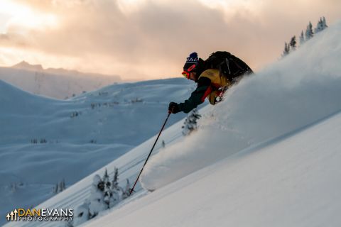 Darcy skis into the sunset