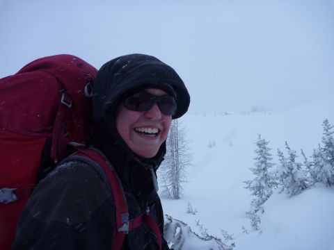 Happy face at the sight of Jumbo Pass cabin