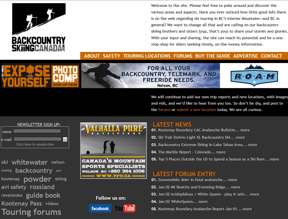 The original Backcountry Skiing Canada Website circa 2014.
