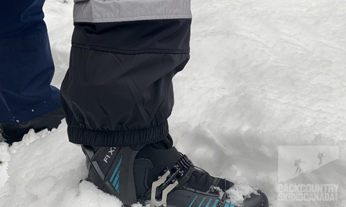 There are built-in gaiters to ensure snow does not get into your ski boots and a tougher material is used as a kick guard on the inner hem of each leg to prevent skis from tearing the fabric.