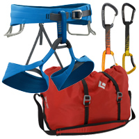 Black Diamond Solution Harness, Super Chute Rope Bag, Freewire and Positron Quickdraws