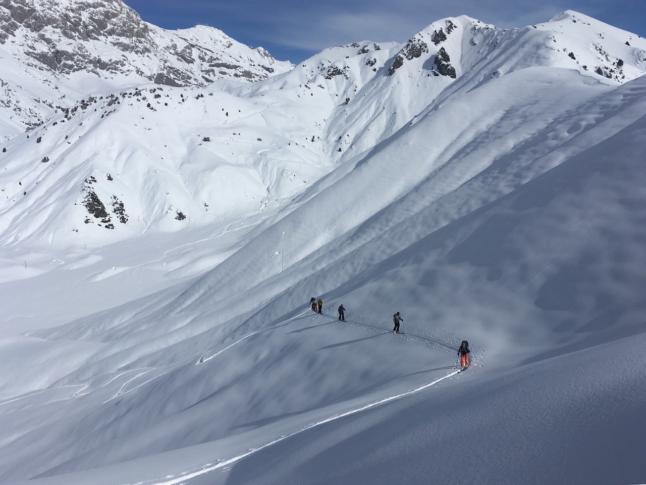 Students in backcountry skiing class in the mountains above Arslanbob, Kyrgyzstan.